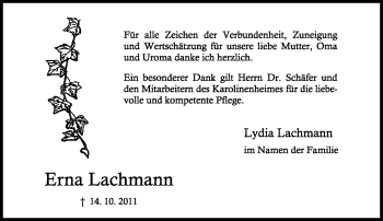 Anzeige  Erna Lachmann  Lippische Landes-Zeitung