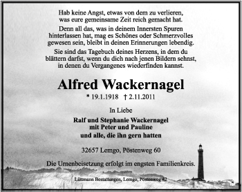 Anzeige  Alfred Wackernagel  Lippische Landes-Zeitung
