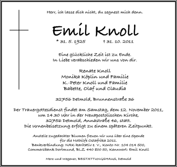 Anzeige  Emil Knoll  Lippische Landes-Zeitung