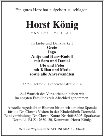 Anzeige  Horst König  Lippische Landes-Zeitung