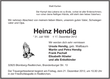 Anzeige  Heinz Hendig  Lippische Landes-Zeitung