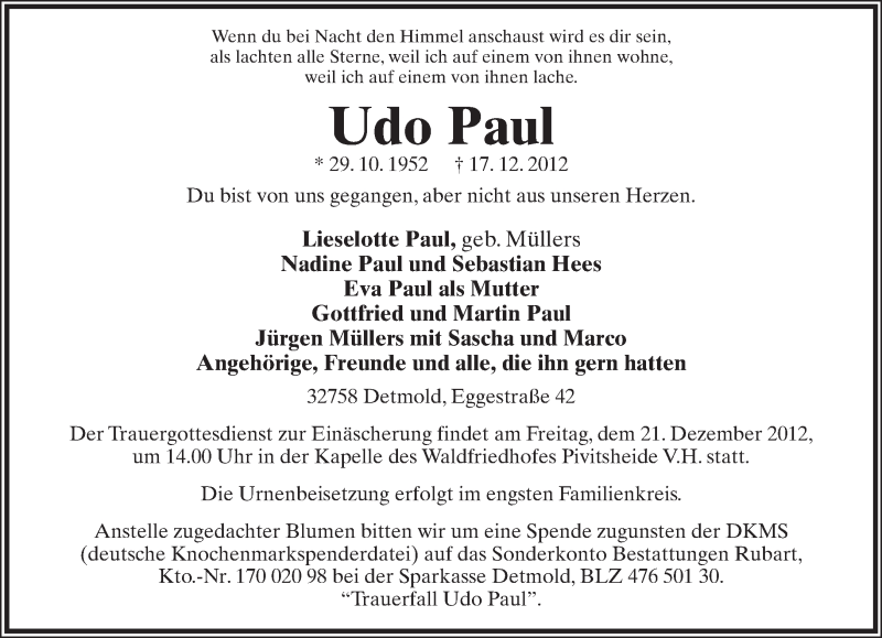  Traueranzeige für Udo Paul vom 19.12.2012 aus Lippische Landes-Zeitung