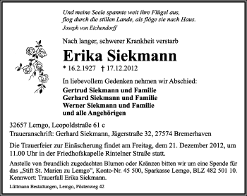 Anzeige  Erika Siekmann  Lippische Landes-Zeitung