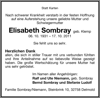 Anzeige  Elisabeth Sombray  Lippische Landes-Zeitung