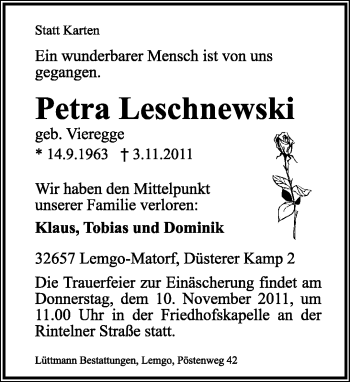 Anzeige  Petra Laschnewski  Lippische Landes-Zeitung
