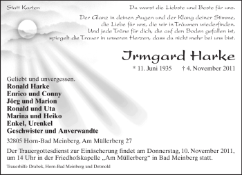 Anzeige  Irmgard Harke  Lippische Landes-Zeitung