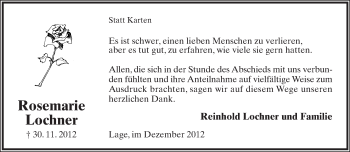 Anzeige  Rosemarie Lochner  Lippische Landes-Zeitung