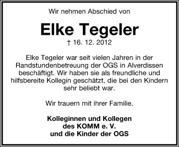 Anzeige  Elke Tegeler  Lippische Landes-Zeitung