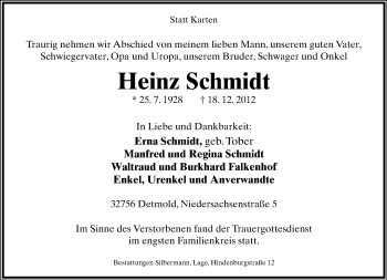 Anzeige  Heinz Schmidt  Lippische Landes-Zeitung