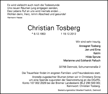 Anzeige  Christian Tosberg  Lippische Landes-Zeitung