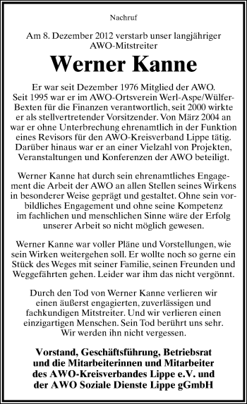 Anzeige  Werner Kanne  Lippische Landes-Zeitung