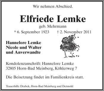 Anzeige  Elfriede Lemke  Lippische Landes-Zeitung