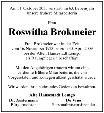 Anzeige  Roswita Brokmeier  Lippische Landes-Zeitung