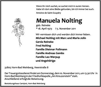 Anzeige  Manuela Nolting  Lippische Landes-Zeitung