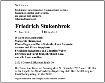 Anzeige  Friedrich Stukenbrok  Lippische Landes-Zeitung