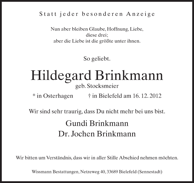  Traueranzeige für Hildegard Brinkmann vom 21.12.2012 aus Lippische Landes-Zeitung