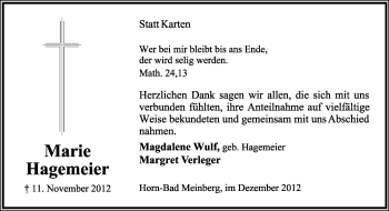 Anzeige  Marie Hagemeier  Lippische Landes-Zeitung