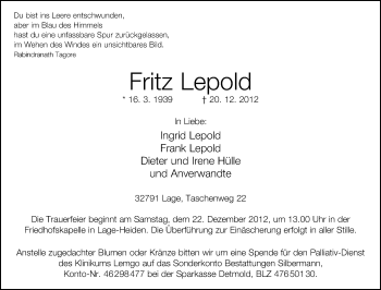 Anzeige  Fritz Lepold  Lippische Landes-Zeitung