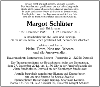 Anzeige  Margot Schlüter  Lippische Landes-Zeitung