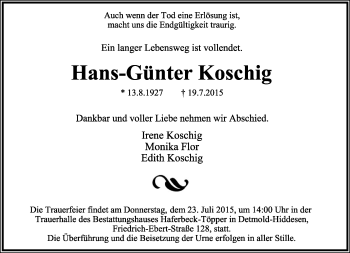 Anzeige  Hans-Günter Koschig  Lippische Landes-Zeitung