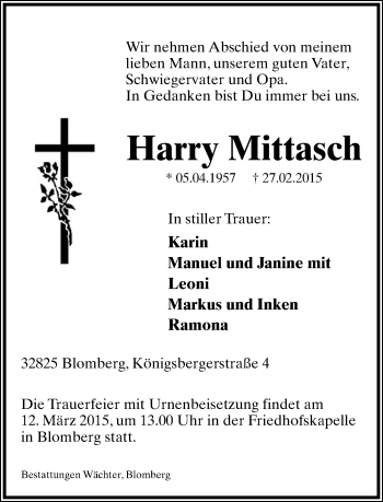 Anzeige  Harry Mittasch  Lippische Landes-Zeitung