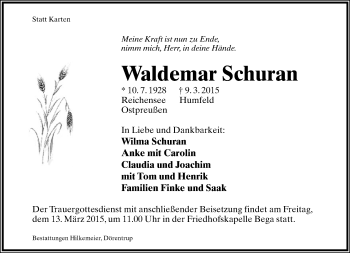Anzeige  Waldemar Schuran  Lippische Landes-Zeitung