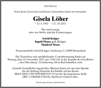 Anzeige  Gisela Löher  Lippische Landes-Zeitung