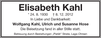 Anzeige  Elisabeth Kahl  Lippische Landes-Zeitung