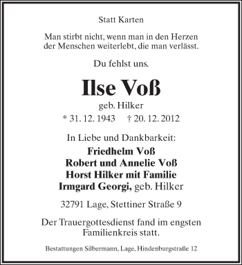 Anzeige  Ilse Voß  Lippische Landes-Zeitung