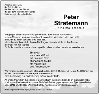 Anzeige  Peter Stratemann  Lippische Landes-Zeitung