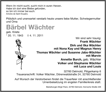 Anzeige  Bärbel Wächter  Lippische Landes-Zeitung
