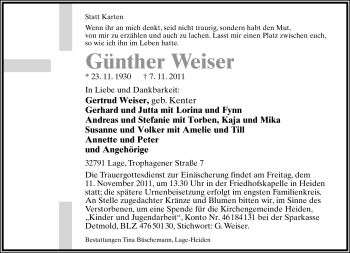 Anzeige  Günther Weiser  Lippische Landes-Zeitung