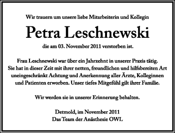 Anzeige  Petra Leschnewski  Lippische Landes-Zeitung