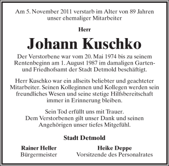 Anzeige  Johann Kuschko  Lippische Landes-Zeitung
