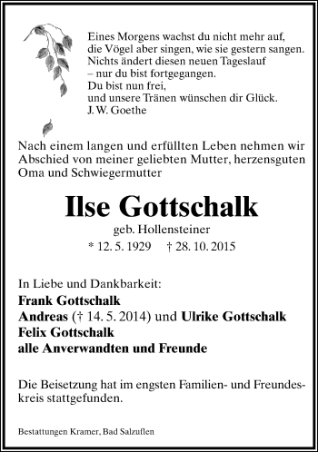Anzeige  Ilse Gottschalk  Lippische Landes-Zeitung