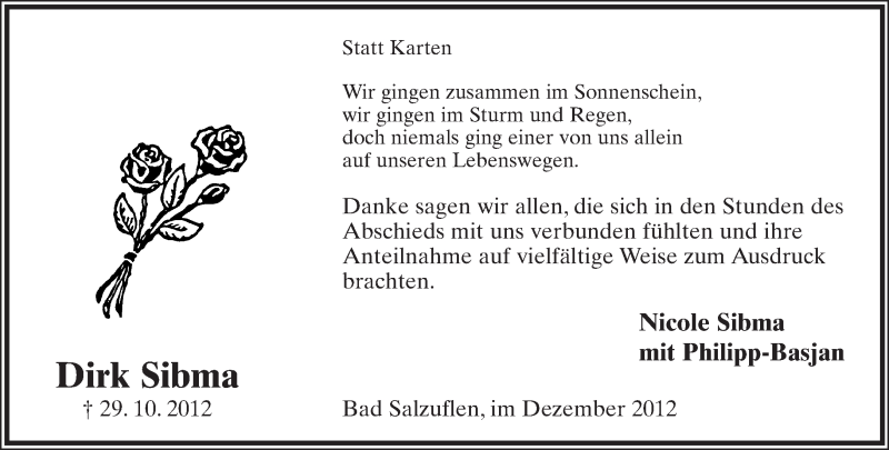  Traueranzeige für Dirk Sibma vom 22.12.2012 aus Lippische Landes-Zeitung