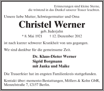 Anzeige  Christel Werner  Lippische Landes-Zeitung
