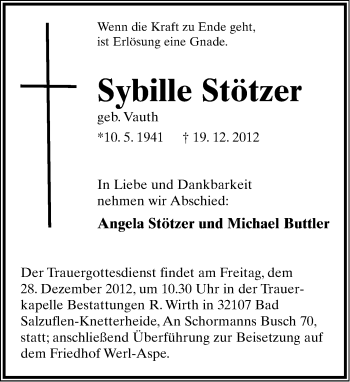 Anzeige  Sybille Stötzer  Lippische Landes-Zeitung