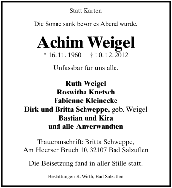 Anzeige  Achim Weigel  Lippische Landes-Zeitung