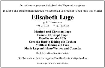 Anzeige  Elisabeth Luge  Lippische Landes-Zeitung