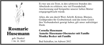 Anzeige  Rosmarie Husemann  Lippische Landes-Zeitung