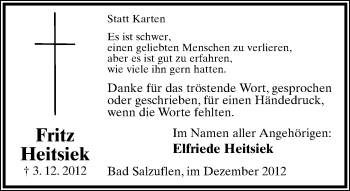 Anzeige  Fritz Heitsiek  Lippische Landes-Zeitung