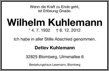 Anzeige  Wilhelm Kuhlemann  Lippische Landes-Zeitung