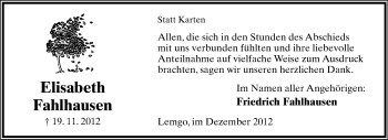 Anzeige  Elisabeth Fahlhausen  Lippische Landes-Zeitung