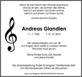 Anzeige  Andreas Glandien  Lippische Landes-Zeitung