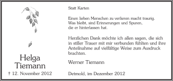 Anzeige  Helga Tiemann  Lippische Landes-Zeitung