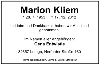 Anzeige  Marion Kliem  Lippische Landes-Zeitung