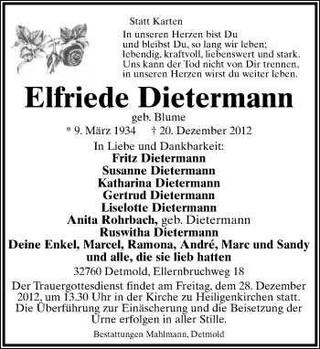 Anzeige  Elfriede Dietermann  Lippische Landes-Zeitung