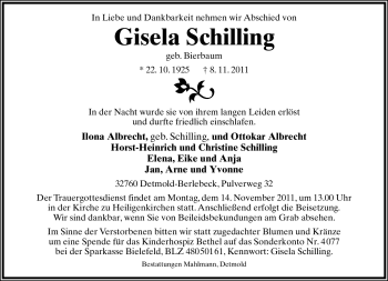Anzeige  Gisela Schilling  Lippische Landes-Zeitung