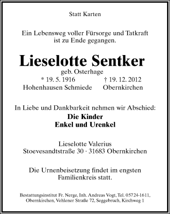 Anzeige  Lieselotte Sentker  Lippische Landes-Zeitung